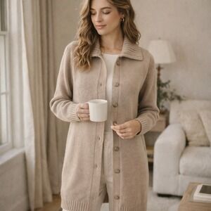 J.Crew Knit Button Front Longline Cardigan Sweater Collared Taupe Medium